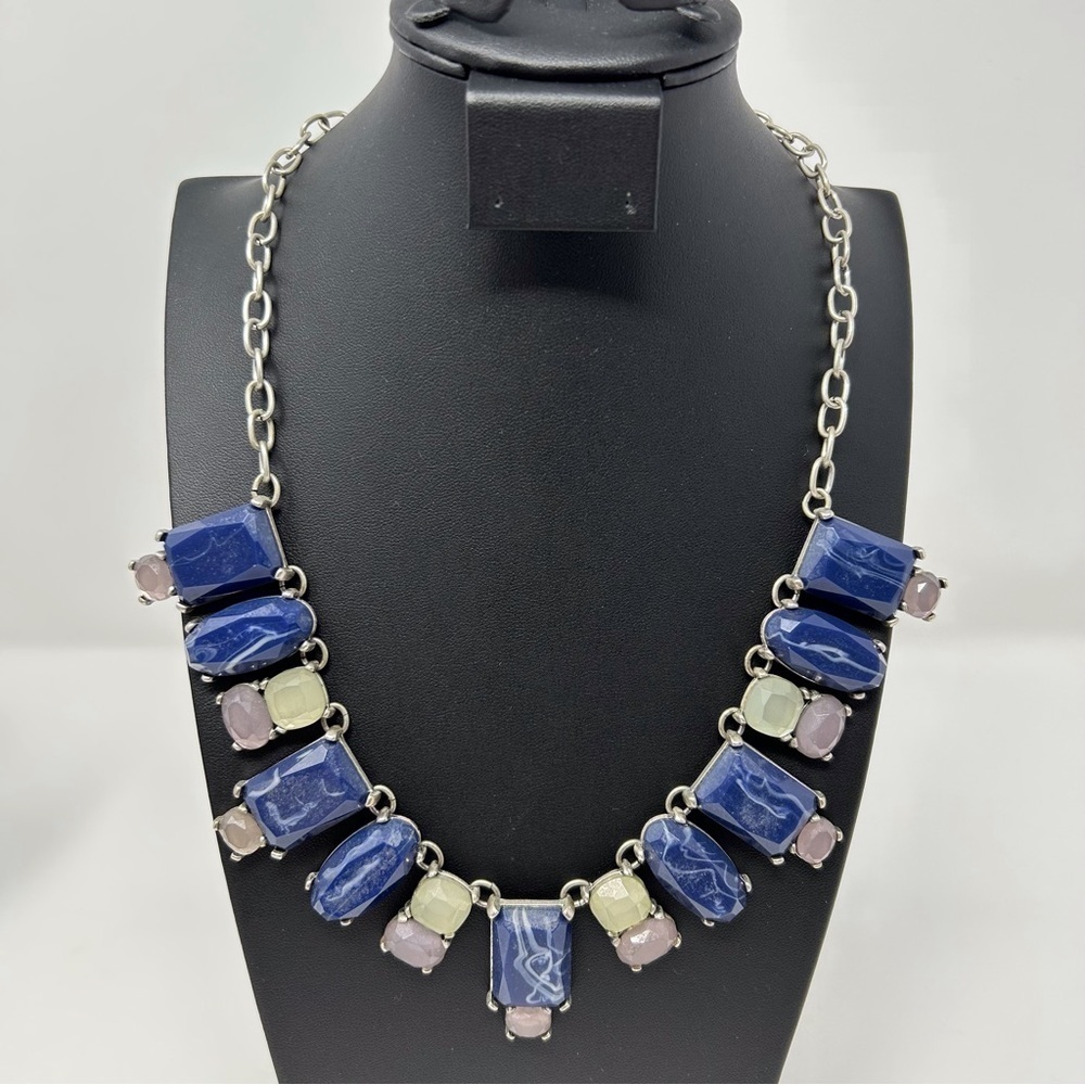 Chico's Blue Marbled Faux Stone Statement Necklace with Silver Tone Chain